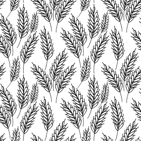spikelets seamless pattern hand drawn doodle. vector, minimalism, monochrome. textiles, wrapping paper, wallpaper autumn harvestのイラスト素材
