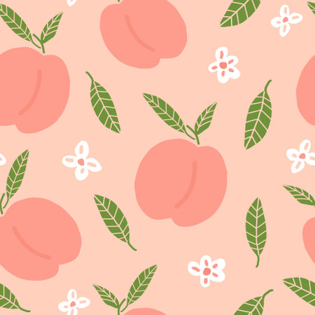 peach seamless pattern hand drawn doodle. vector, minimalism. food, fruit, print, wallpaper textiles wrapping paper decorのイラスト素材