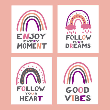set motivational posters, greeting cards with abstract boho rainbow and text lettering. hand drawn trendy colors 2022. doodle. design decorのイラスト素材