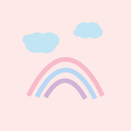 rainbow and clouds on a pink background in vector flat style. gentle pastel cute template for poster, cardのイラスト素材