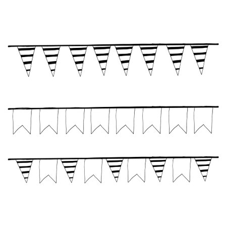 garland with flags hanging set for design banner, border, frame, sticker. sketch hand drawn doodle. vector scandinavian monochrome minimalism. festive new year birthdayのイラスト素材