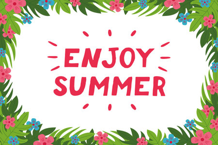 leaves tropical and flowers, lettering enjoy summer in vector flat style. template border frame banner, card, poster, summer, vacation, copy space, place for textのイラスト素材
