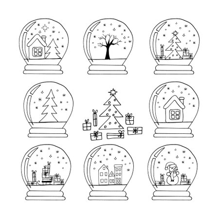 snow globe set hand drawn in doodle style. christmas and new year decor. winter souvenirのイラスト素材
