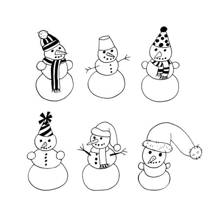 snowman set hand drawn doodle. vector, scandinavian, nordic, minimalism, monochrome. icon, sticker decor card christmas new year winterのイラスト素材
