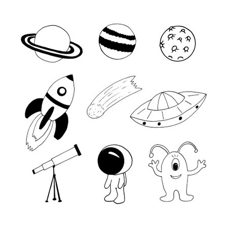 space set icon. vector hand drawn. card, poster, sticker. monochrome, minimalism. planets astronaut rocket ufo alien telescope cometのイラスト素材