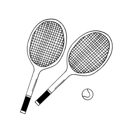tennis two rackets and ball set. hand drawn doodle icon. vector, scandinavian, nordic, minimalism, monochrome. sports equipmentのイラスト素材