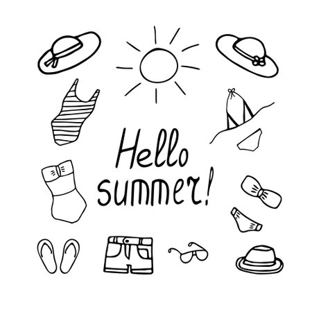 beachwear and accessories - set of elements hand drawn in doodle style. swimsuit, bikini, hat, sunglasses, shorts, slippers, sun. Scandinavian simple. collection for design summer sticker, icon, card, poster. sunbathing, sea beachのイラスト素材