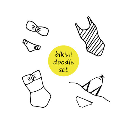 Bikini hand drawn in doodle style set elements. Scandinavian simple. collection of beachwear for design icon, postcard, poster, sticker. summer, sunbathing, beach, sea, vacationのイラスト素材