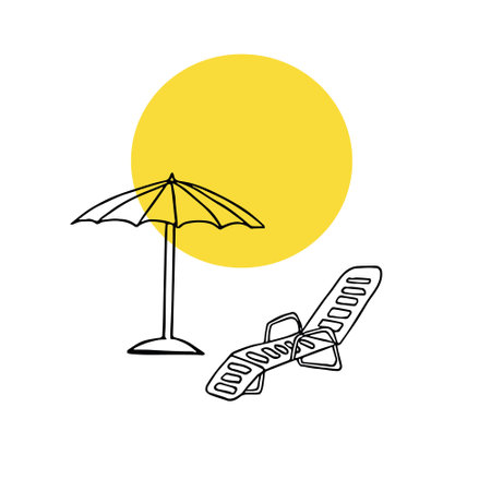 beach vacation concept hand drawn in doodle style. composition of a set of elements of an umbrella, deck chair. sunbathing, sun, relaxation, sunbed. Template for card, posterのイラスト素材