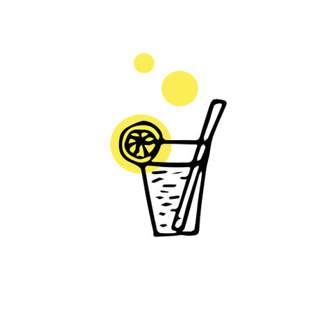 cocktail hand drawn scandinavian style. design with yellow circles. glass with a drink, lemon and a straw. summer refresh. element, icon, postcard, poster, menu, bar, cafeのイラスト素材