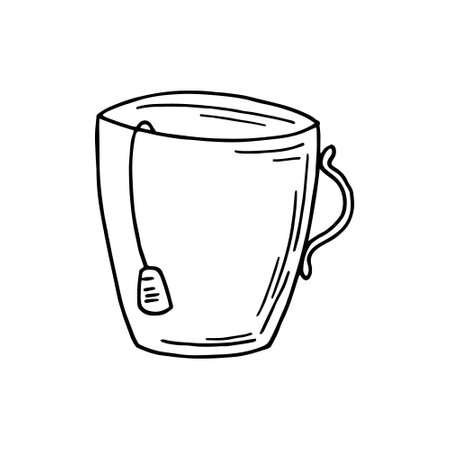 a cup with a tea bag. hand drawn doodle icon. vector, scandinavian, nordic, minimalism, monochrome. kitchen, cozy home, hygge cafe hot drinkのイラスト素材