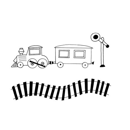 steam locomotive and carriage, railway, simaphor set icon. sketch hand drawn doodle style. minimalism, monochrome. train, transport, children toysのイラスト素材