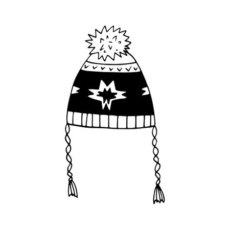 knitted hat with ties and pompom hand drawn doodle. vector, scandinavian, nordic, minimalism, monochrome. icon, sticker. winter clothesのイラスト素材
