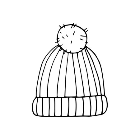 knitted hat with pompom hand drawn doodle. vector, scandinavian, nordic, minimalism, monochrome. icon, sticker winter warm clothesのイラスト素材