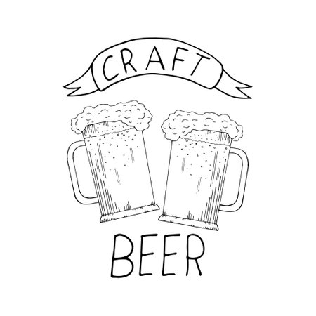 beer mugs with foam and lettering craft hand drawn vector doodle. sketch, Scandinavian, minimalism, monochrome. template poster, label, banner, sticker, card, drink menu barのイラスト素材