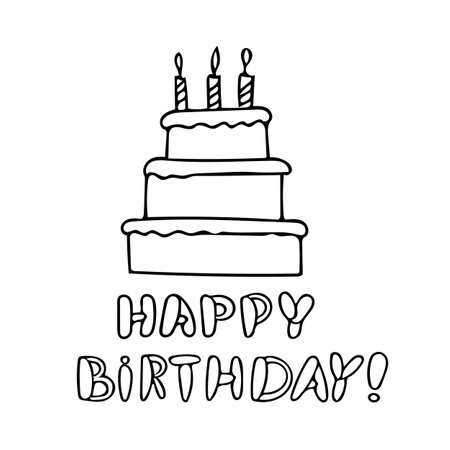greeting card cake with candles and text happy birthday phrase lettering congratulation letter. liner simple style hand writtenのイラスト素材