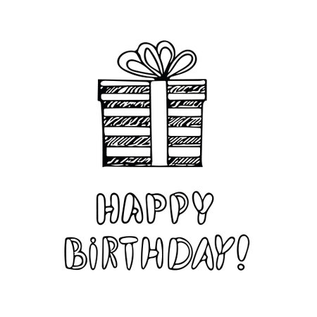 gift in a box with a bow and the inscription happy birthday hand drawn in doodle style. Template for cards, posters. vector, scandinavian, simple, monochrome, whiteのイラスト素材