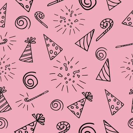 festive caps, fireworks, whistles hand drawn in doodle style seamless pattern. greeting card,...