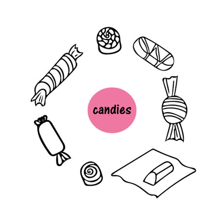 candy set hand drawn in doodle style. elements scandinavian monochrome minimalism simple vector. sugar, sweets, chocolate, wrapper, caramel. design card, sticker, poster, iconのイラスト素材