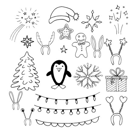 christmas set hand drawn vector doodle. collection of elements for icon, sketch, Scandinavian, minimalism, monochrome, sticker, card, poster. winter, tree, penguins fireworks gift accessories decorのイラスト素材