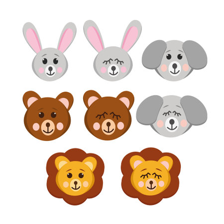 animals set in a flat style. faces with closed and open eyes and a smile - hare, dog, bear, lion. Cute fun cartoon kids. sticker, icon, poster, card, baby shower, decorのイラスト素材
