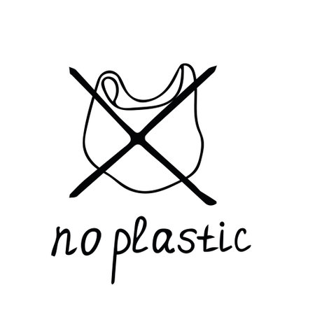 the bag is crossed out and lettering no plastic hand drawn in doodle style. template for icon, postcard, poster, flyer.のイラスト素材