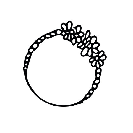 Round romantic frame with flowers and circles in doodle style. Hand drawn border in scandinavian simple liner style. frames for photo, text, tags, labels, card, invitationのイラスト素材