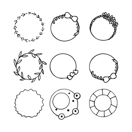 frames round set sketch hand drawn doodle. collection of border elements for design, vector, monochrome, minimalism, hearts, flowers, leaves, arrows, bowsのイラスト素材