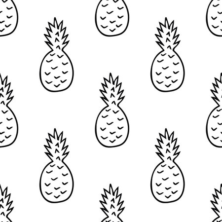 Pineapple hand drawn in doodle style. Scandinavian monochrome minimalism seamless pattern. textile, wrapping paper, fruit, food, summerの写真素材