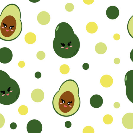 avocado with cute smiling face in vector flat seamless pattern on white background, fruit, vegetable, character, textiles, wrapping paper, scrapbook, wallpaperのイラスト素材