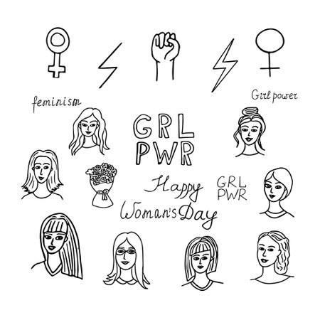 International Women s Day Set Elements in hand drawn style. Scandinavian doodle collection. beautiful woman avatar portraits with different hairstyles and smiles, a symbol of feminism, a fist raised up, a symbol of the feminine, lightning, a bouquet of flowers, lettering girl powerのイラスト素材