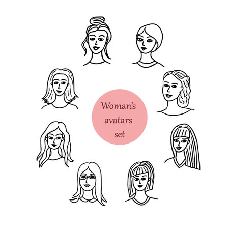 avatars portraits of a young womans with beautiful hair and a smile set of elements in a hand drawn doodle style. a girls collection in a simple Scandinavian style. International Women's Day, feminism. icon, card, sticker, poster, decorのイラスト素材