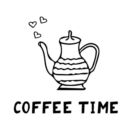 teapot, hearts and lettering coffee time sketch hand drawn doodle. poster, card, vector, monochrome, warm drinkのイラスト素材