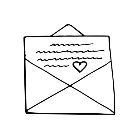 letter in envelope and heart sketch hand drawn doodle. love, icon, vector. monochrome, minimalism, valentine's day, messageのイラスト素材