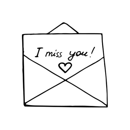 letter in envelope, lettering i miss you and heart sketch hand drawn doodle. love, icon, vector. monochrome, minimalism, valentine's day, messageのイラスト素材