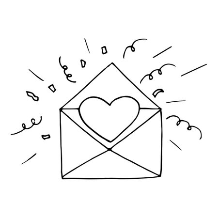 heart in envelope and fireworks confetti sketch hand drawn doodle. love, icon, vector, monochrome, minimalism, valentine's day, messageのイラスト素材