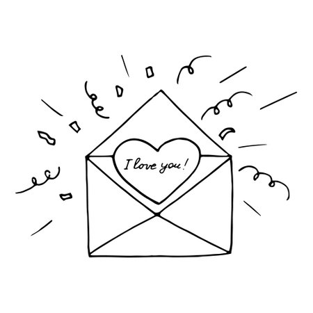 heart in envelope, lettering i love you and fireworks confetti sketch hand drawn doodle. love, icon, vector, monochrome, minimalism, valentine's day, messageのイラスト素材