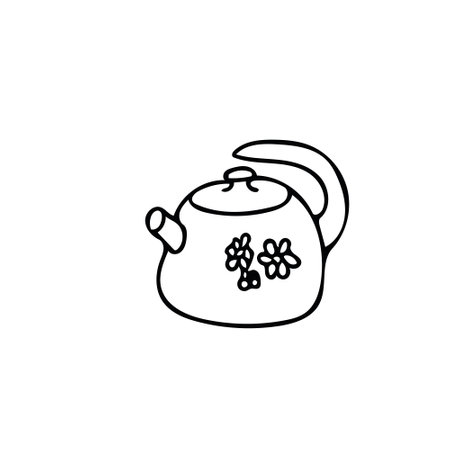 Doodle style teapot icon element. Scandinavian cozy simple hygge liner style. hand drawn pot, kettle, teakettle, tea, coffee, warm drinks. Cozy home kitchen cafe. design element for the decor of menus, cards, posters, iconsのイラスト素材
