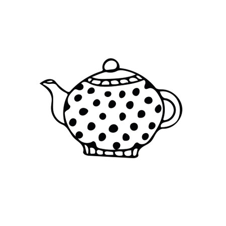 teapot with polka dot pattern. Element in hand drawn Scandinavian style. icon in simple liner. card, poster, menu. tea ceremony. Doodle hygge pot, kettle, teakettle, warm drinks. Cozy home kitchen cafeのイラスト素材