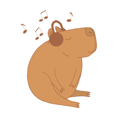 capybara in headphones listens to music. animal hand drawn in doodle cartoon style. brown cute rodent. Illustration suitable for sticker, posterのイラスト素材