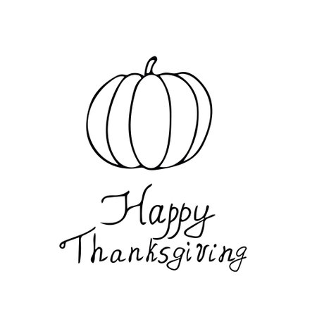 Happy Thanksgiving pumpkin and lettering hand drawn in doodle scandinavian minimalism style. Template card, sticker, poster. autumn, harvestのイラスト素材