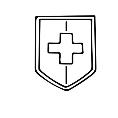 shield with a medical cross hand drawn in doodle scandinavian minimalism style. icon, sticker, poster, protection card, medicine, healthのイラスト素材