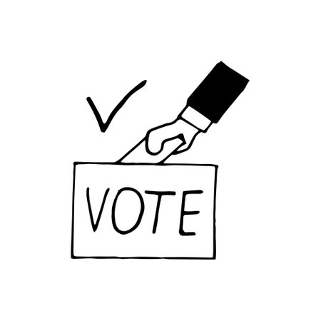 hand puts a ballot paper into the box and lettering vote sketch icon, sticker, poster, drawn vector doodle, minimalism, monochrome. single element design. electionsのイラスト素材