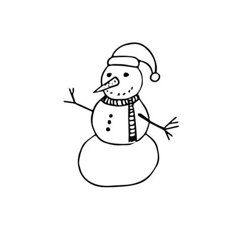 snowman in a hat and scarf hand drawn in scandinavian style. winter, snow, activity, fun for children. icon, element for design, sticker, poster, cardのイラスト素材