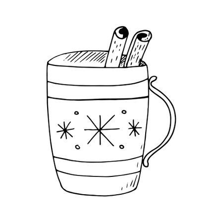 mug with snowflakes and cinnamon sticks. icon, card, poster, menu. sketch hand drawn doodle. vector monochrome. warm Christmas drink. cocoa, tea, mulled wine coffeeのイラスト素材