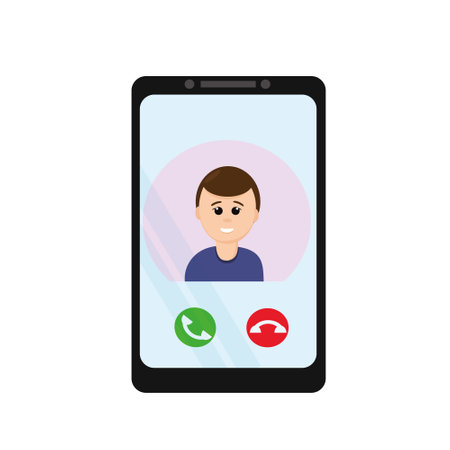 screen smartphone in call mode with a man in a flat style. remote distance communication with family and friends, safety during an epidemic and quarantine. icon, sticker, poster bannerのイラスト素材
