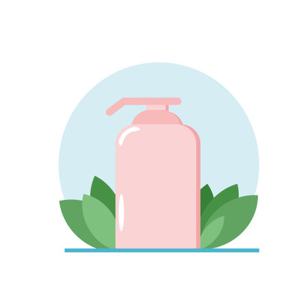 bottle of liquid soap on a background of leaves in a flat style. cosmetics, hygiene, skin care, hand washing. icon, sticker, posterのイラスト素材