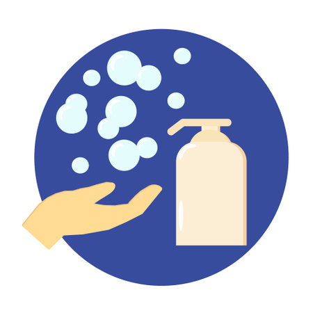 Liquid soap bottle, bubbles, hand in flat style. icon, sticker, poster card prevention protection hygieneのイラスト素材