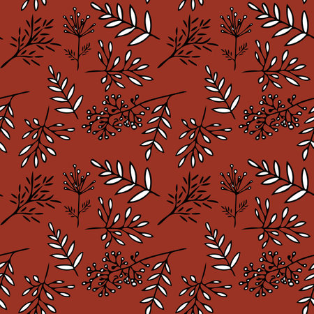 hand drawn autumn leaves seamless pattern digital graphics on a terracotta brown backgroundの写真素材