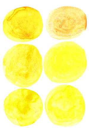 watercolor set of yellow circles with splashes of golden paint isolated on white backgroundの写真素材